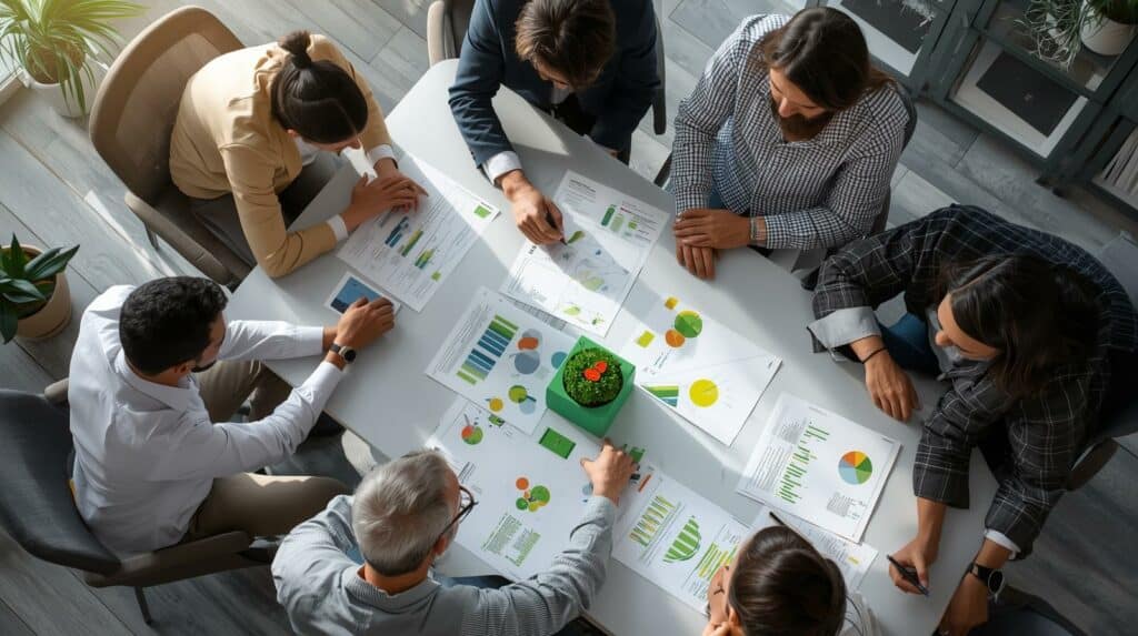 Je souhaiterais une image dune equipe de travail intervenant sur la definition dune strategie de decarbonation. Plusieurs personnes autour de la table avec une vision verte et des objectifs